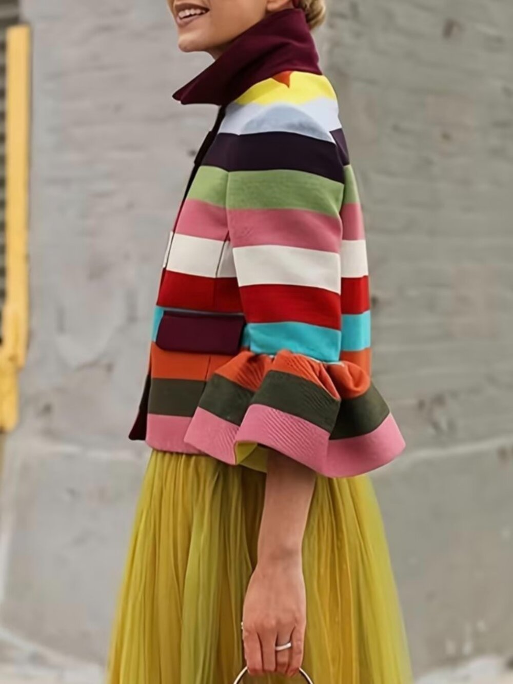 Female Vintage Multi-Colored Striped Lapel Elegant Jackets New Flared Sleeves - Picture 4 of 9